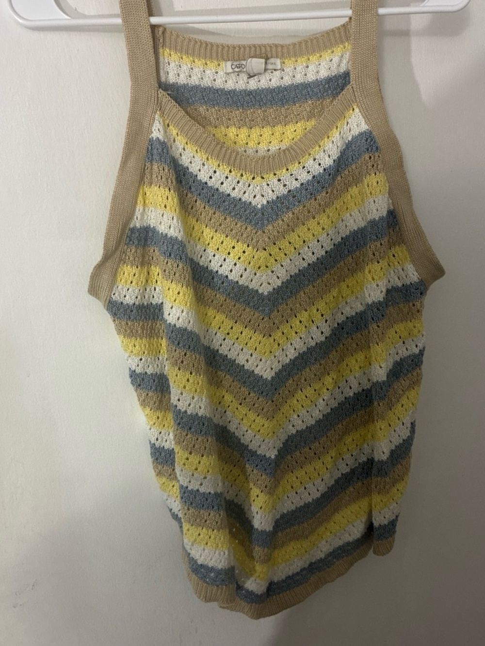 Cato Striped Open-Knit V-Neck Tank Sweater in Yellow, Gray & Cream